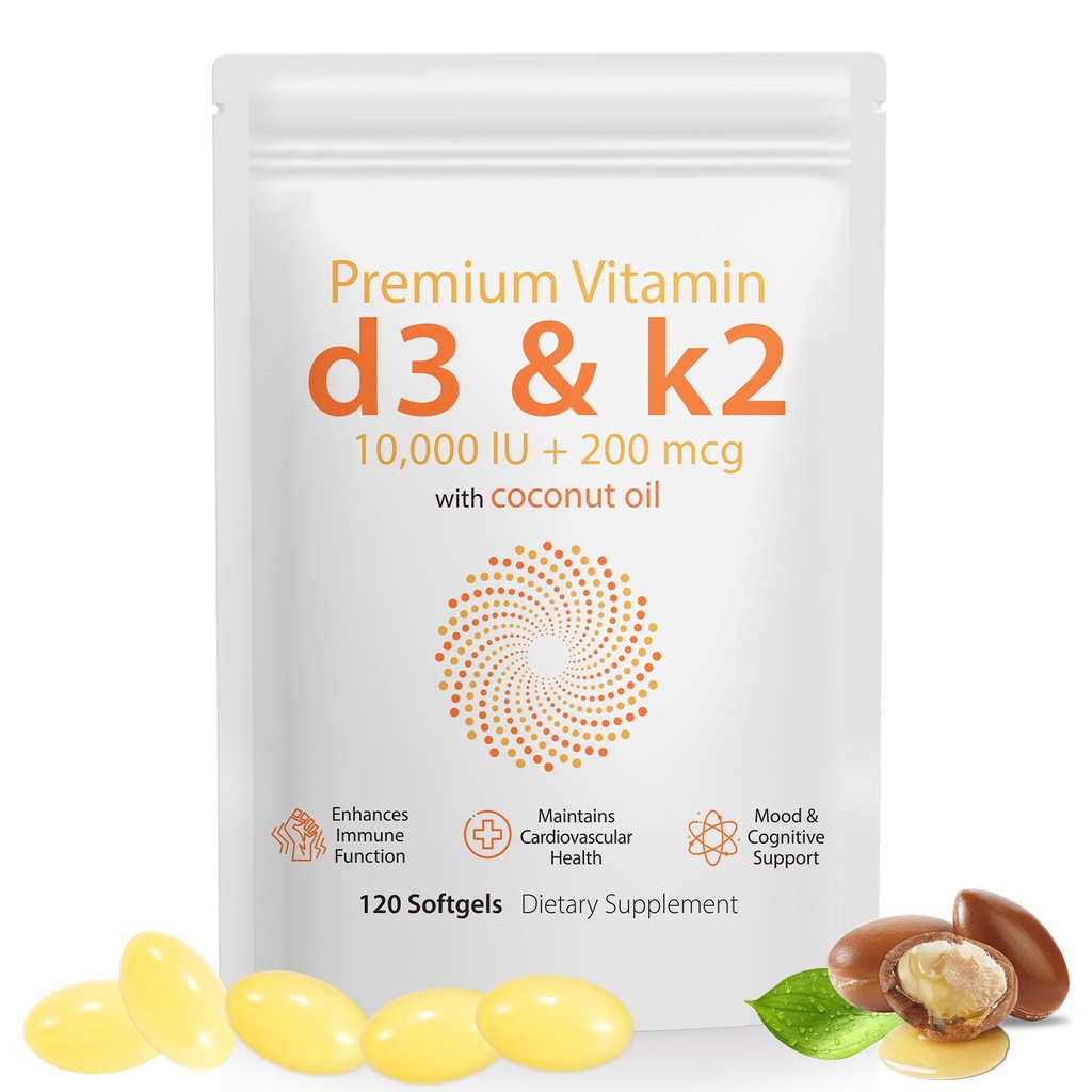 Daiasns Vitamine D3 K2 10000iu soutient la santé musculaire et cérébrale - supplément haute puissance D3 K2 aide dans le soutien immunitaire et cardiovasculaire - 120 Softgels