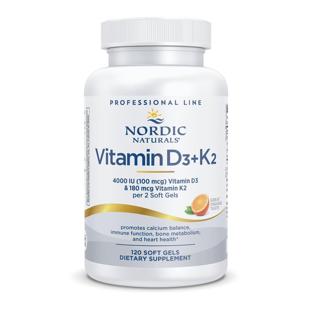 Nordic Naturals Professional Grade Vitamine D3+K2 Supplement, Orange Flavor - 60 Zachte Gels - 4000 IE Vitamine D3 & 180 mcg K2- Promoot Calcium Balance & Immune Function - Non-GMO - 30 Servers