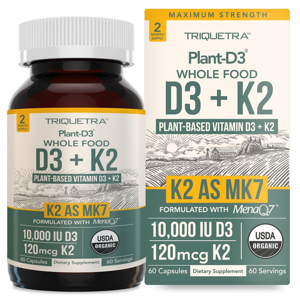 Plante biologique D3 + K2=10000 UI D3 + 120 mcg K2 comme tout-trans MK7 de MenaQ7® - 100% aliments entiers, crus et végétaliens
