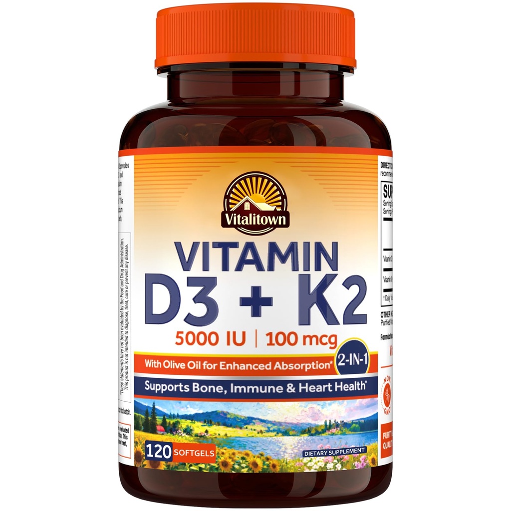 Vitalitown Vitamine D3 K2 Supplement, D3 5000 IE, Vitamine K2 MK-7 100 mcg, Non-GMO, No Gluten & Soy, for Bone, Teeth, Immune & Heart Health, 120 Softgels