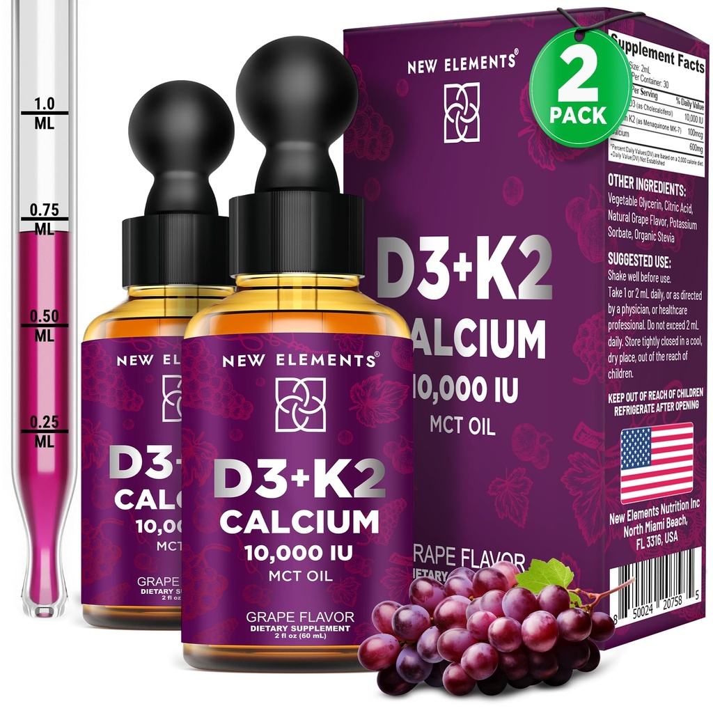Nieuwe elementen [2 Pack] Liquid Vitamin D3 K2 Drops with Calcium for Adults 