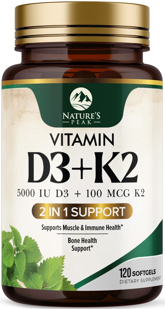D3 K2 Vitamine - Vitamine D3 5000 IE per Softgel - Vitamine D3 Supplement met hoge potentie - 2-in-1 Complex Vitamine D & Vitamine K2 (MK7) - Gemakkelijk doorslikken, Bone & Immune Ondersteuning - Gebotteld USA - 120 Softgels