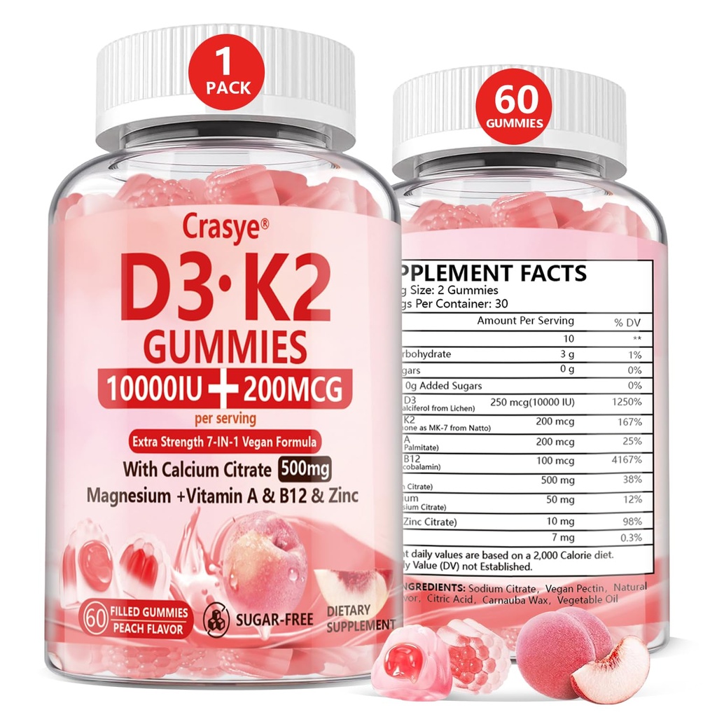 Vitamine D3 K2 Gummies 10000 UI avec 500mg Calcium Magnésium Zinc Gummy Sucre sans ADK+Vitamine B12 Suppléments pour les femmes et les hommes Bones, Muscles, Pèche de dents Saveur - 60 Gummies - 30 portions