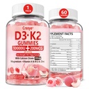 Vitamine D3 K2 Gummies 10000 IE met 500mg Calcium Magnesium Zink Gummy Suikervrij ADK+Vitamine B12 Supplementen voor vrouwen en mannen Bones, Spieren, Tanden Perzik Smaak - 60 Gummies - 30 Serves