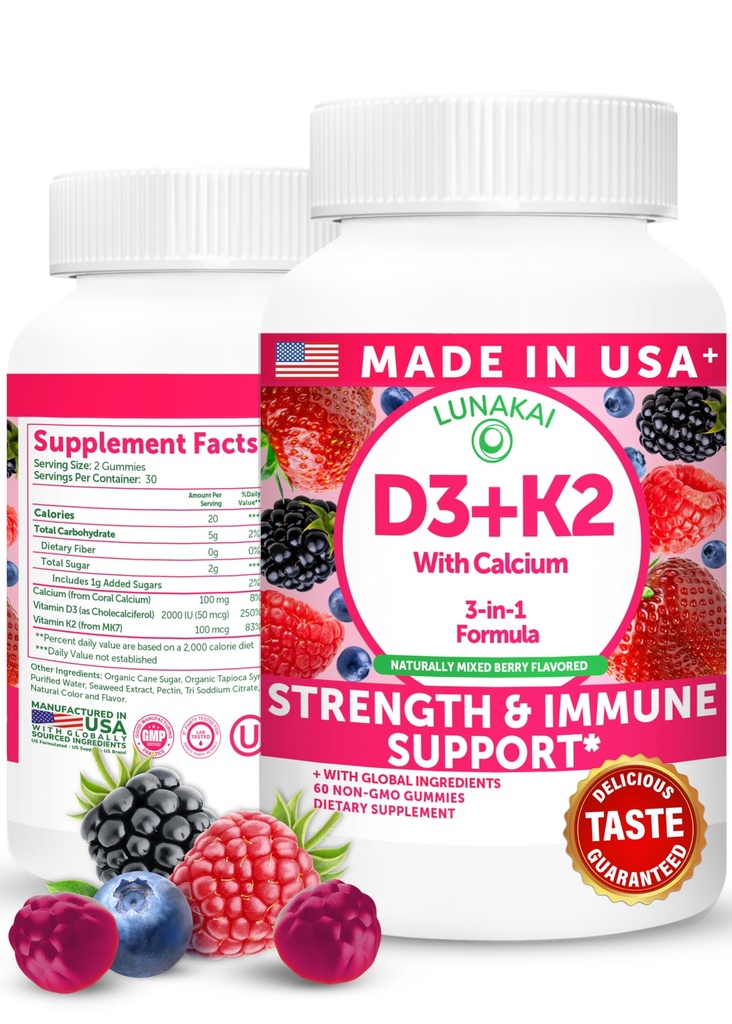 Lunakai USA Made Vitamin D3 K2 Gummies with Calcium – 3-in-1 Daily Vegan Supplement for Bone & Immune Support for Women, Men & Kids, 60ct