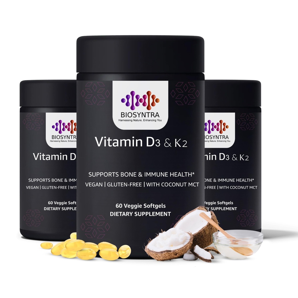 Vitamine D3+K2 met kokosolie - Vegan Vitamin D 5.000 IE & MK7 Vitamine K 110mcg voor bot, hart- en immuunondersteuning, niet-GMO, derde partij getest, sojavrij, hoge Absorptie 60 Veggie Softgels