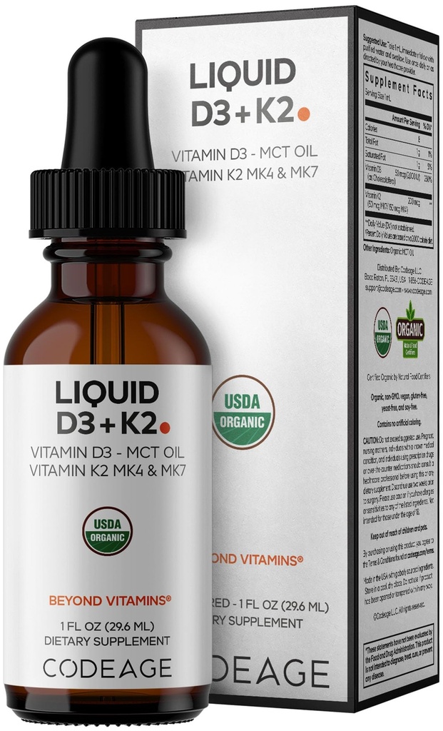 Codeage Liquid D3+K2 Vitaminen USDA Biologisch - Vitamine D3 2000 IE, Vitamine K2 (MK4 & MK7) Liquid Drops - Immune Support - Unflavored - Biologische MCT Olie - Niet-GMO - 1 fl oz