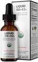 Codeage Liquid D3+K2 Vitaminen USDA Biologisch - Vitamine D3 2000 IE, Vitamine K2 (MK4 & MK7) Liquid Drops - Immune Support - Unflavored - Biologische MCT Olie - Niet-GMO - 1 fl oz