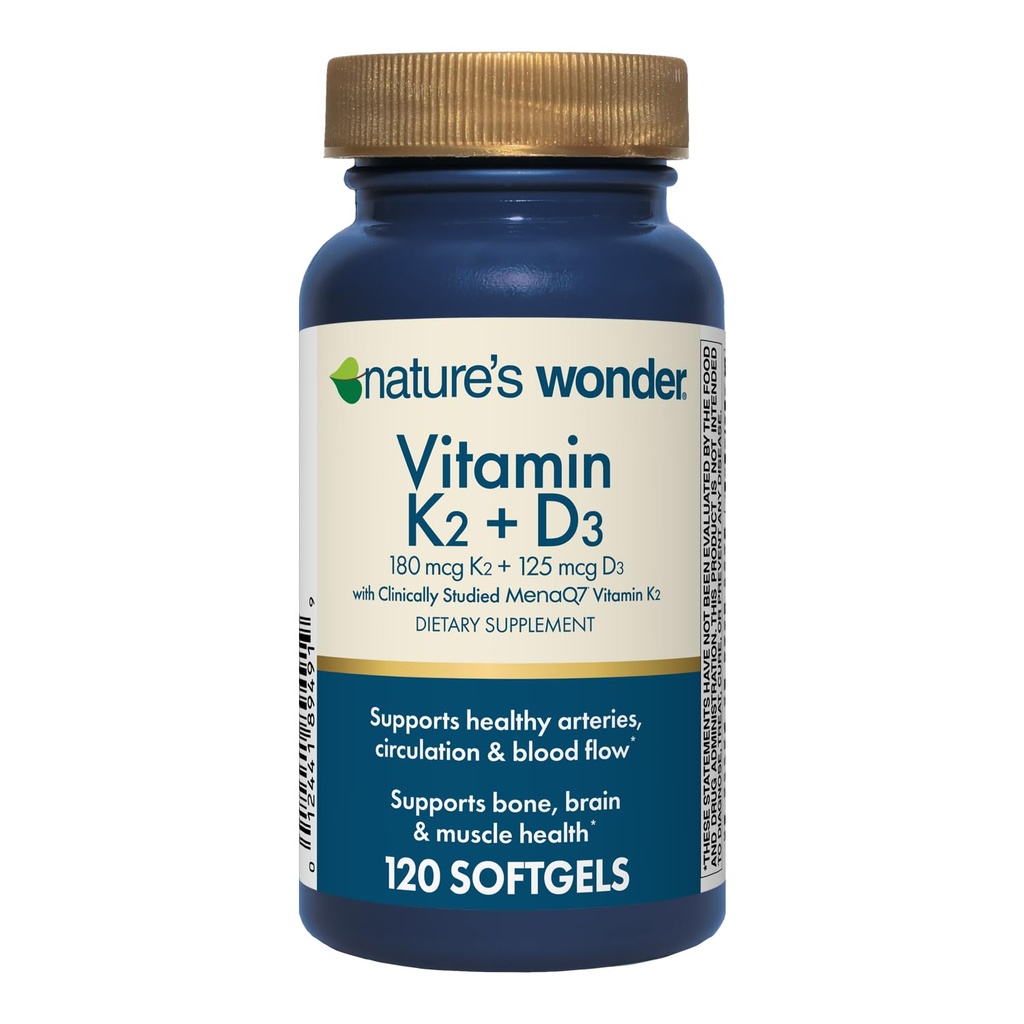 Vitamine K2 + D3 de la nature avec MenaQ7 pour la santé cardiovasculaire, cérébrale, osseuse et musculaire, 120 Softgels, 120 jours