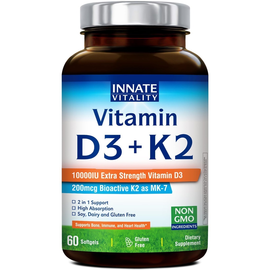 Vitalité innée Vitamine D3 K2 Supplément, Vitamine D3 10000 UI et Vitamine K2 (MK-7) 200 mcg, soutient les os, les dents, le coeur et la santé immunitaire, non-OGM, sans gluten, 60 softgels