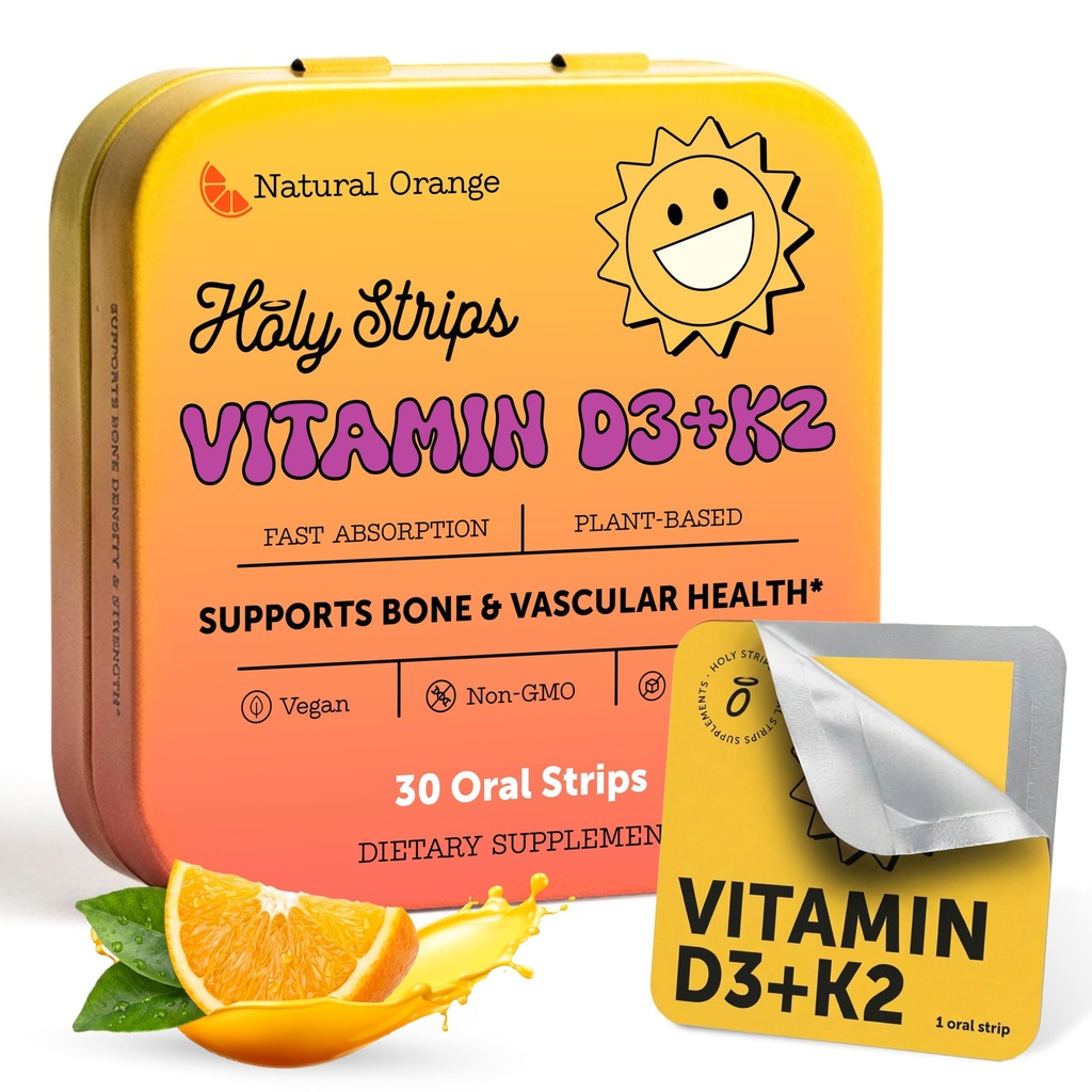 Vitamine D3 K2 Supplement 5000 IE - Fast-Absorbing Oral Strips for Bone & Heart Health - Vitamine D K2 Plant-Based Formula - D3K2 - High-Potency Vitamina D3 con K2- Non GMO - Sugar-Free (30 telling)