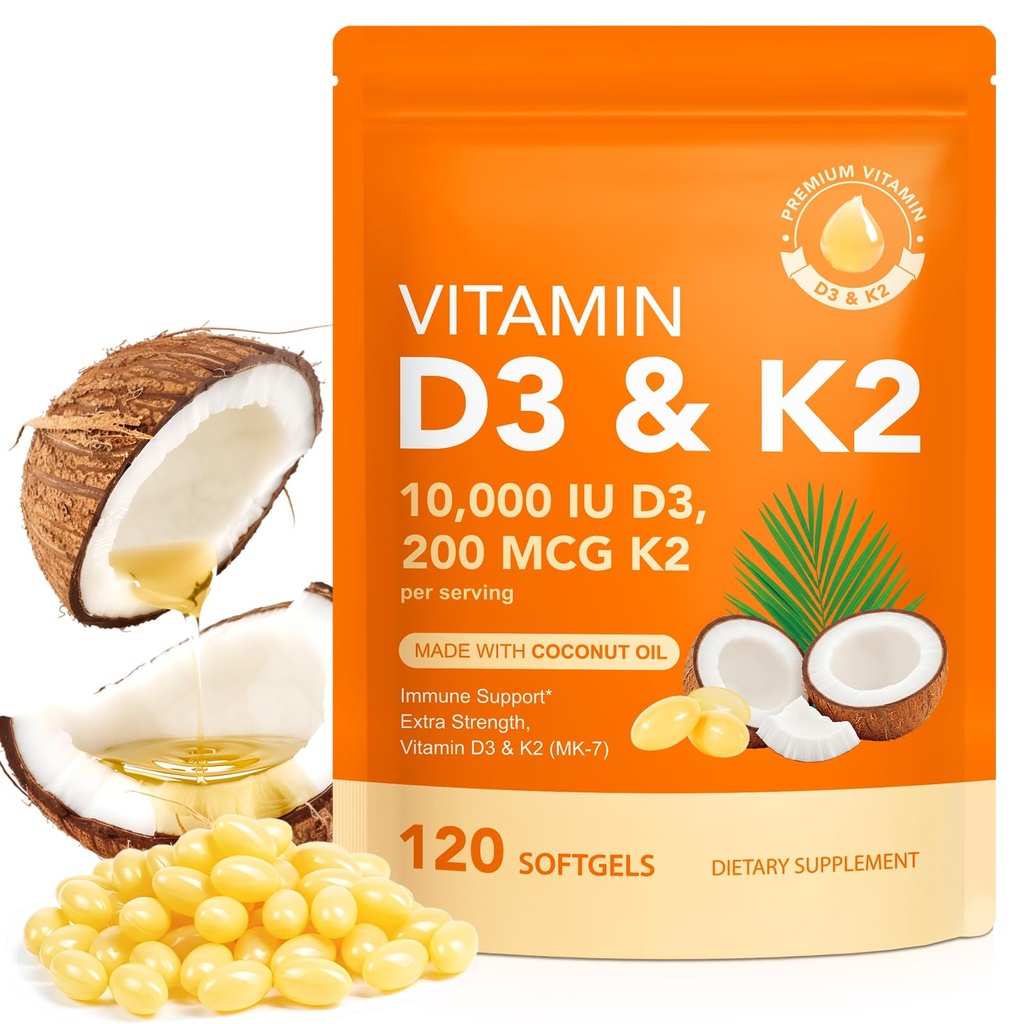 Vitamine D3 K2, D3 K2 Vitamine 10000 ie Supplement met kokosolie Softgels, 2 in 1 Formule 200 mcg (MK-7) Complex Softgels Ondersteuning Calcium Absorptie, Immune, Bone Health D3 K2 Vitamine - 120 Softgels