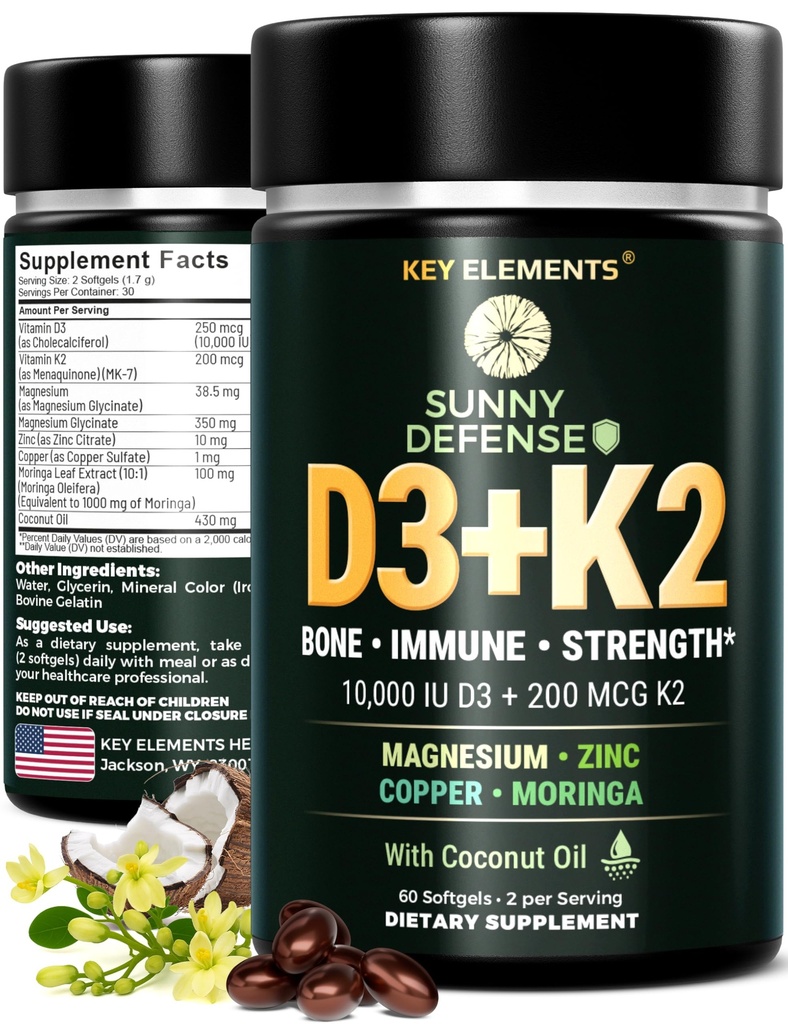 ÉLÉMENTS CLÉS D3 K2 Vitamine 10,000 UI avec Magnésium Glycinat 350mg, Zinc et Moringa - Soutien osseux et immunitaire - Vitamine D avec K2 MK-7 200mcg - softgels sans gluten