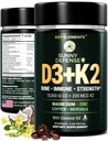 ÉLÉMENTS CLÉS D3 K2 Vitamine 10,000 UI avec Magnésium Glycinat 350mg, Zinc et Moringa - Soutien osseux et immunitaire - Vitamine D avec K2 MK-7 200mcg - softgels sans gluten