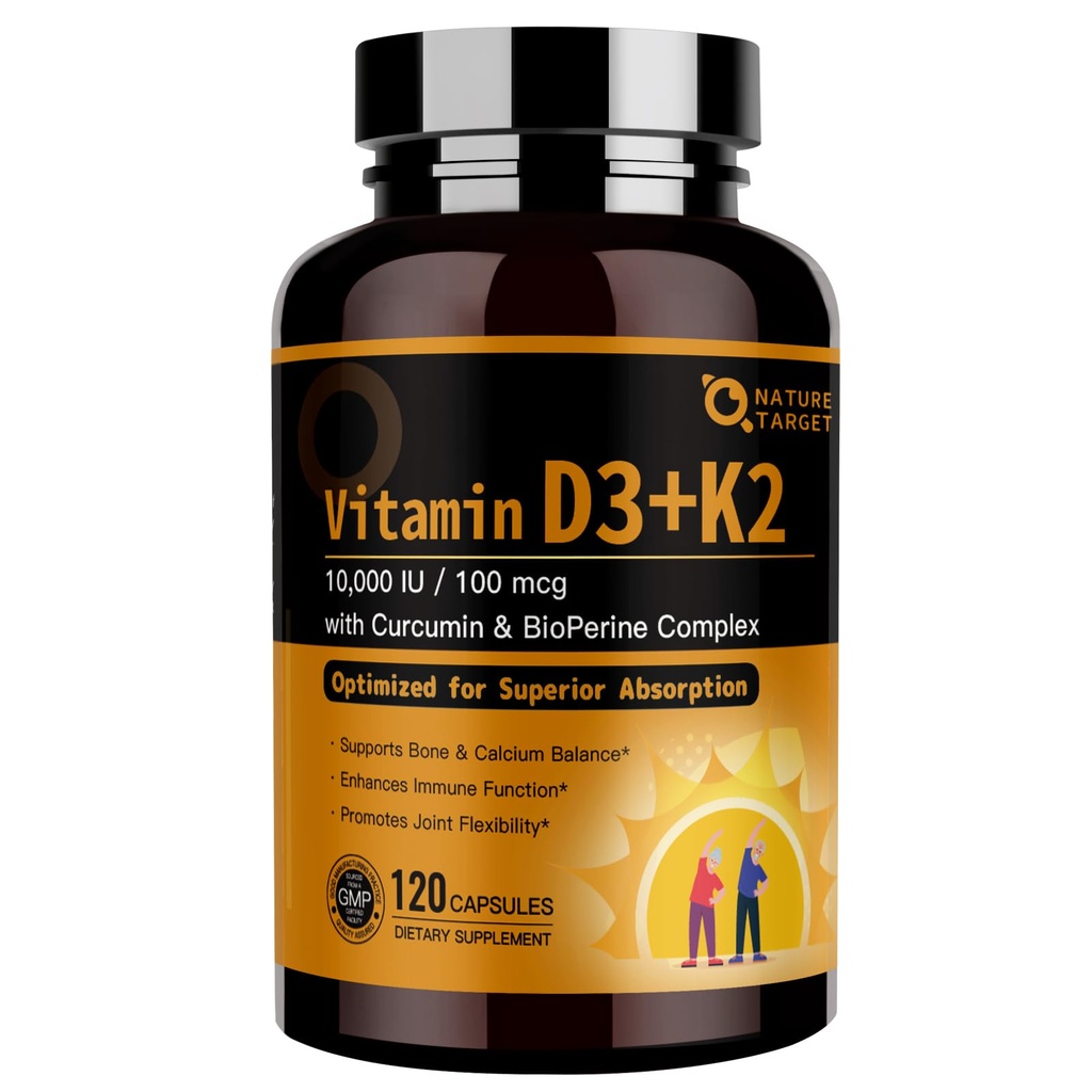 NATURE TARGET Vitamine D3 K2, High-Potency 10.000 IE D3, 100 mcg K2(MK-7) Supplement met MCT, Meest absorberende Synergy Formule, Ondersteunt bot, Calcium & Immune Health, 120 Capsules