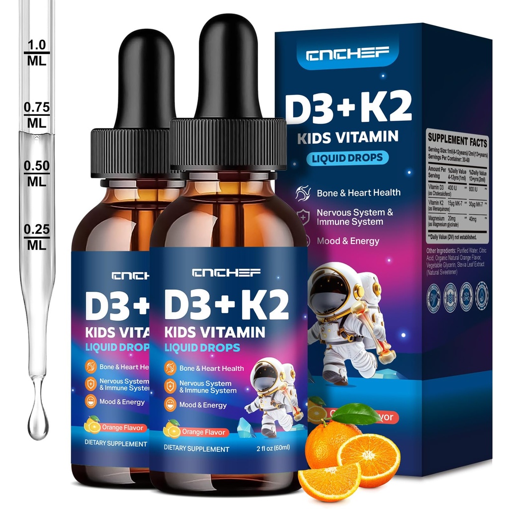2PCS Vitamine D3 K2 Drops for Kids - Liquid Supplement with Magnesium for Calcium Absorptie, Joint Health, Teeth & Heart - Non-GMO, Vegan, Orange, 4 Fl Oz - Kids Ages 4+