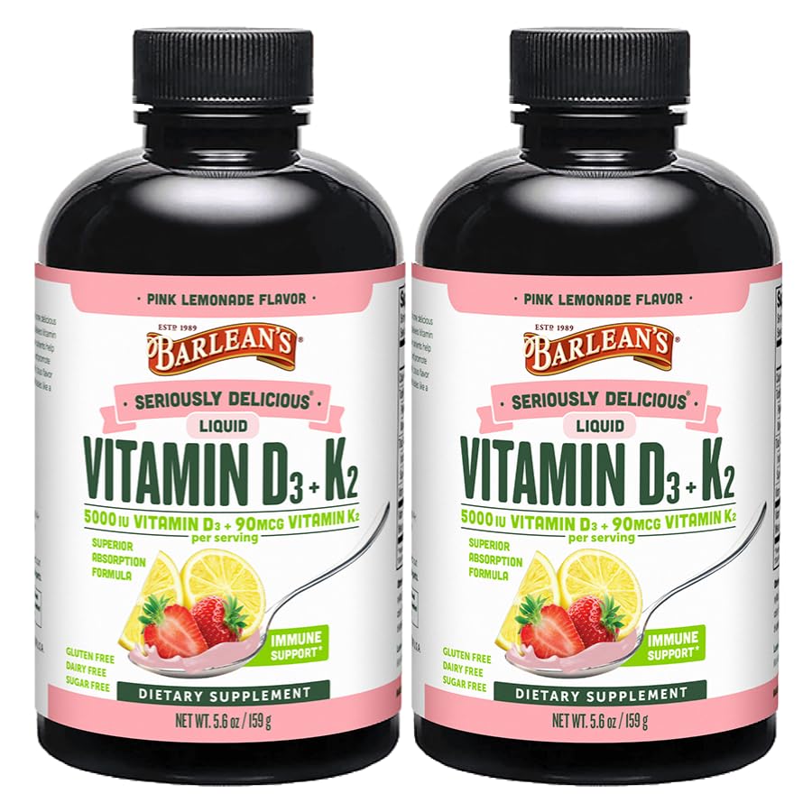 Barlean's Pack van 2 Vitamine D3+K2 Liquid Supplement voor kinderen en volwassenen, 5000 IE Vitamine D, Roze Limonade, Non-GMO, Gluten en Zuivelvrij, 5.6 oz Elke