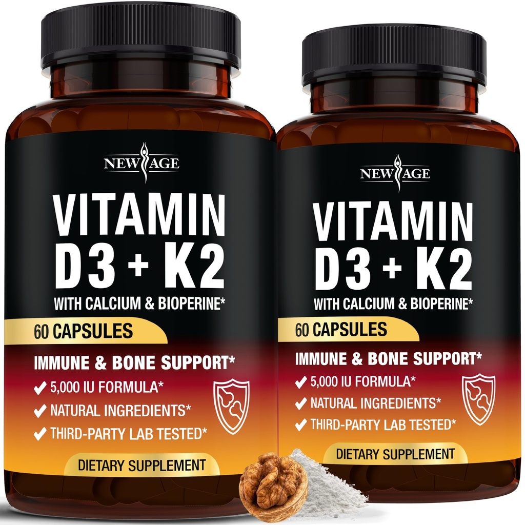 NOUVELLE AGE Vitamine D3 5 000 UI + K2 MK-7 100 mcg - 2-en-1 Bone, Immune et soutien cardiaque, Facile à avaler, Non-OGM - 120 capsules