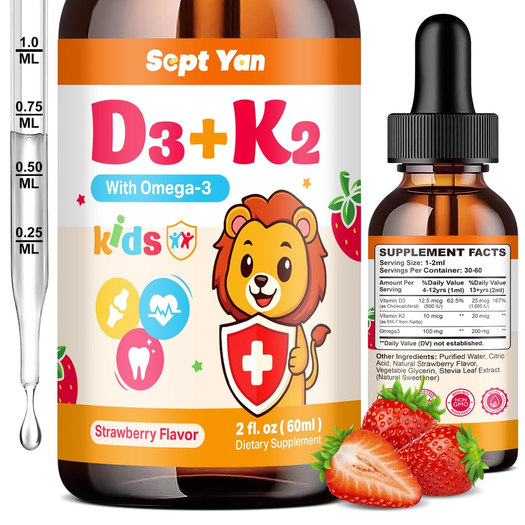 Kids Vitamine D3 K2 Drops - K2 D3 Vitamine Supplement 1000 IE met Omega 3, Ondersteuning Bone, Mood, Tanden & Immune - Vitamine D3 K2 (MK-7) Vloeibare druppels voor volwassenen & kinderen, Suikervrije aardbeien smaak 2 FL OZ