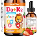 Kids Vitamine D3 K2 Drops - K2 D3 Vitamine Supplement 1000 IE met Omega 3, Ondersteuning Bone, Mood, Tanden & Immune - Vitamine D3 K2 (MK-7) Vloeibare druppels voor volwassenen & kinderen, Suikervrije aardbeien smaak 2 FL OZ