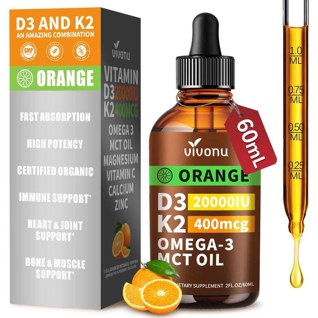 Vitamine D3 K2 gouttes, D3 20000 UI et K2 en MK-7 400mcg avec Magnésium, Calcium, Zinc et Omega 3 pour Immune*, Mood*, Bone* Santé, Orange Saveur Vitamine D gouttes liquides Supplément 1 bouteille/2 onces