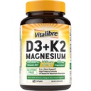 Vitalibre Vitamine D3 K2 + Magnesium Supplement, 10000 IE Vitamine D3 & 100 mcg K2, met Magnesium Glycinate, Bone, Tanden, Immune & Energy Support, Hoge Absorptie, Non-GMO, Gemakkelijk doorslikken, 60 Softgels