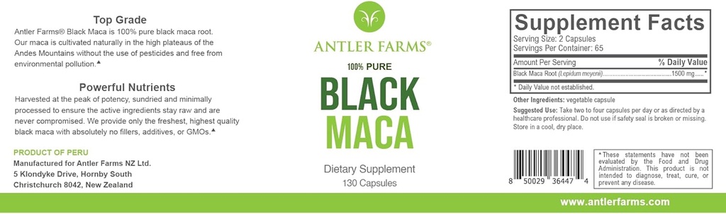 Antler Farms - 100% Pure Black Maca Root, 130 Capsules, 1500mg 