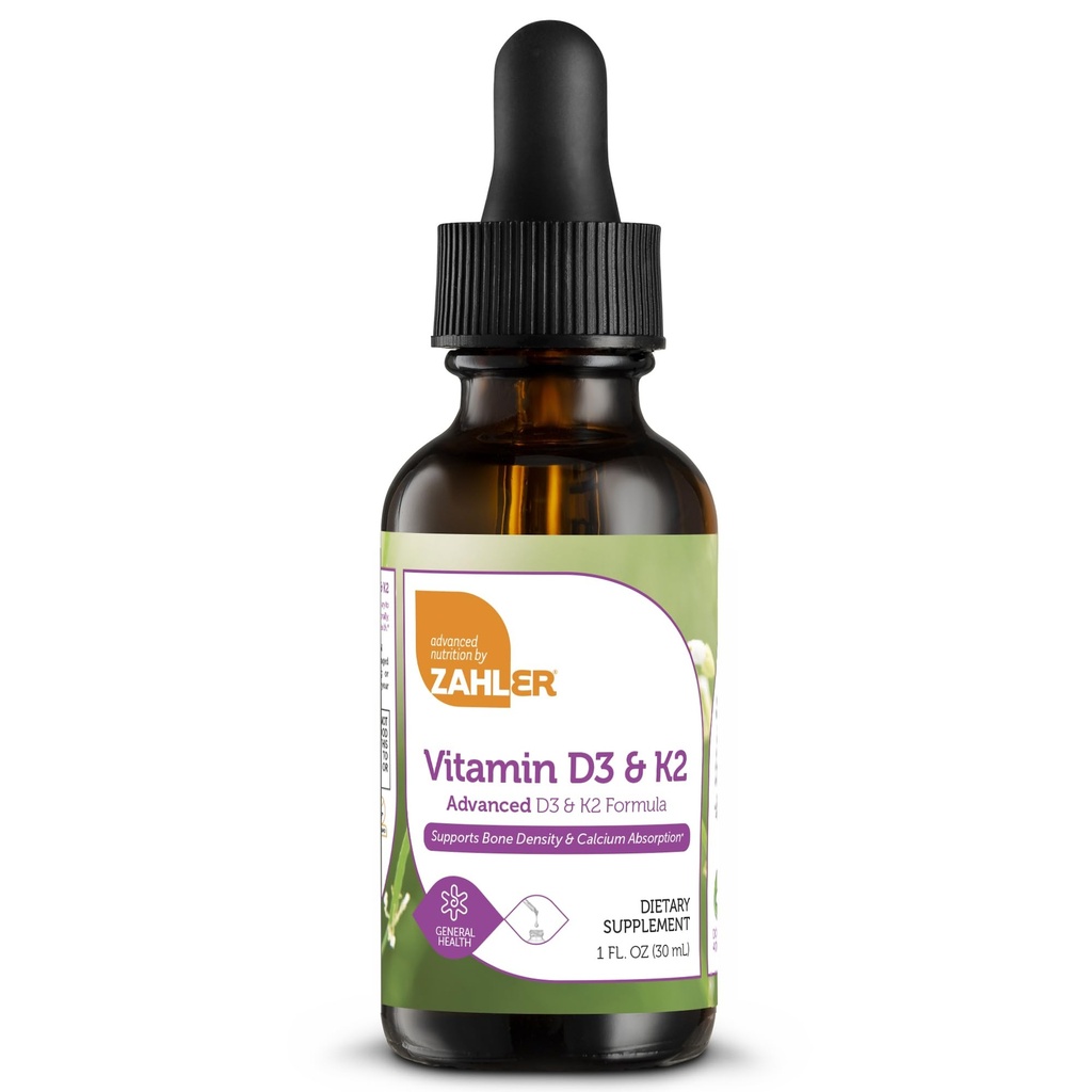 Zahler vitamine D3 K2 druppels, vloeibare D3 met K2, 1000IU vitamine D en 1000mcg K2 per portie, Ondersteunt Bone Density en Calcium Absoprtion, 1Fl Oz.