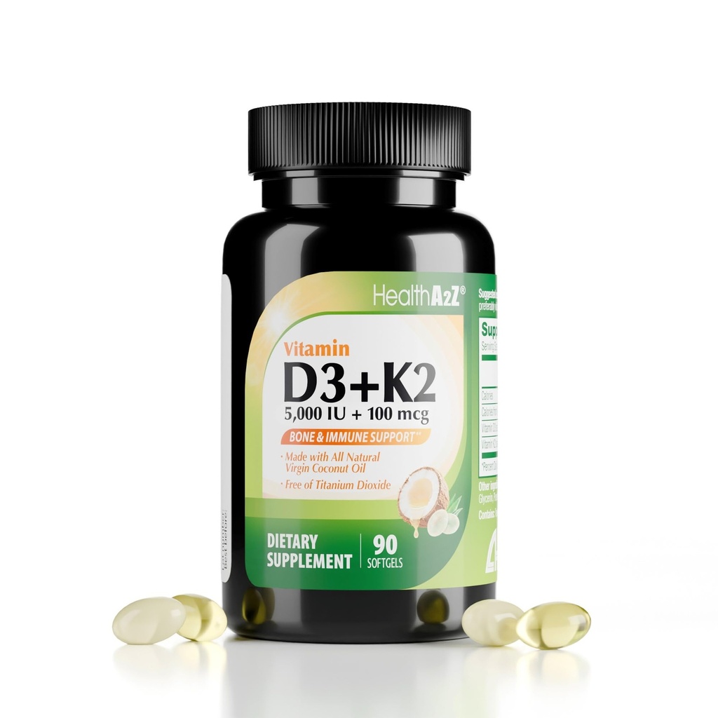 HealthA2Z® Vitamine D3 (5 000 UI) + K2 (MK-7) Fabriqué avec de l'huile de coco vierge (MCT naturelles) - 90 Softgels (paquet de 1) - Aide l'absorption de calcium pour les os, les dents, l'humeur et la santé immunitaire