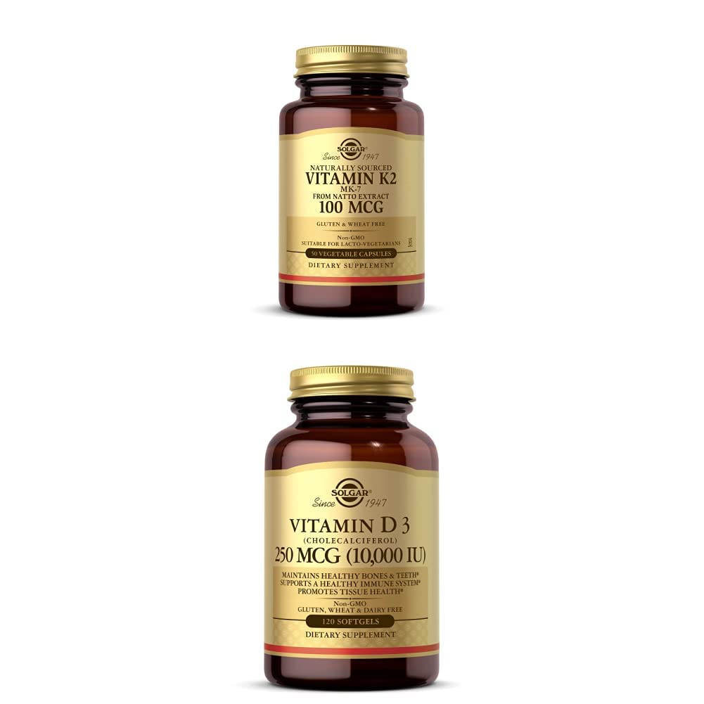 Solgar Vitamine K2 (MK-7) 100mcg, 50 capsules végétales - Soutient la santé des os Vitamine D3 (Cholecalciferol) 250 MCG (10 000 UI), 120 Softgels - Système immunitaire