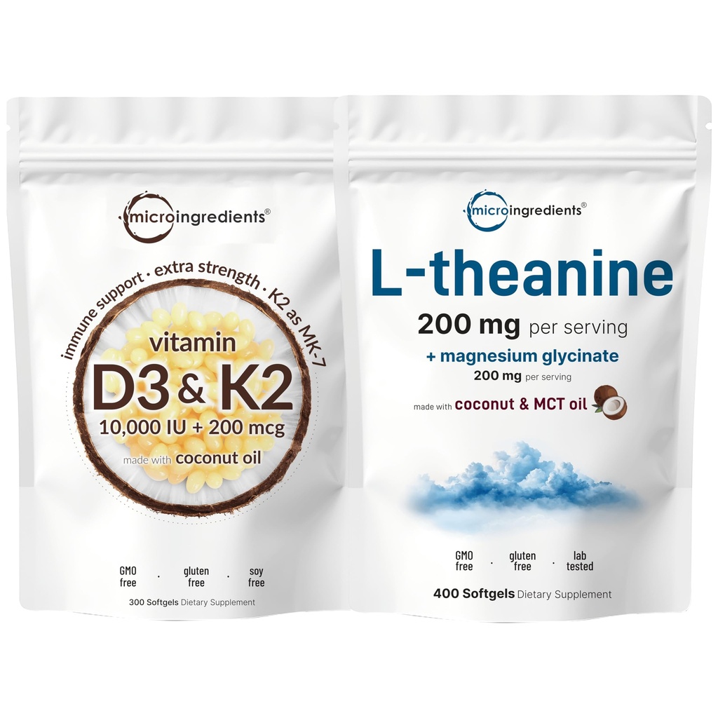 Micro Ingrediënten Vitamine D3 10.000iu + K2 200mcg & L-Theanine 200mg met Magnesium Glycinate Bundle 2 Pack 