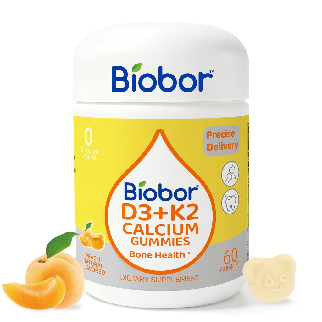 Biobor Vitamine D3 K2 Gummies with Calcium, 2000 IE D3 & 200 mcg K2(MK-7) & 200 mg Calcium, Geen suiker toegevoegd, ondersteunt gezonde botten & Immune Health, Glutenvrij, GGO-vrij, Geelperzik, 60 Tellen