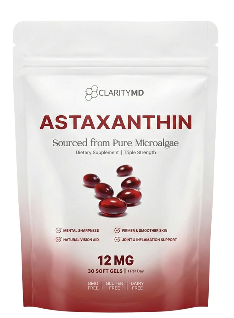 Astaxanthine 12mg Supplément antioxydants – Source naturelle de microalgues – Softgel à base de lipides pour une absorption accrue – Soutien cognitif, visuel et articulaire – 30 Softgels (paquet de 1)
