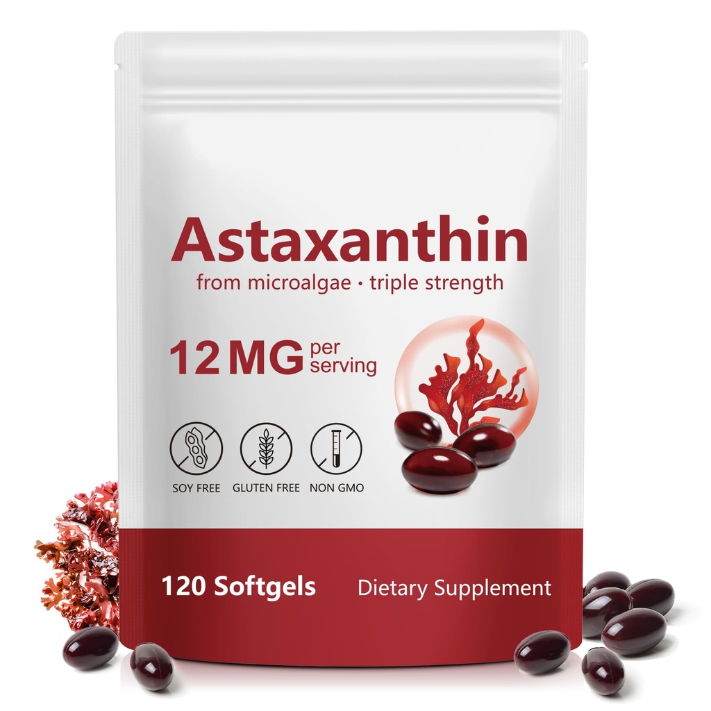 Astaxanthine Supplementen 12mg, 120 Astaxanthine Softgels, Premium Astaxanthine Antioxidant Supplementen met Antioxidant Activiteit, Ondersteunt Oog, Huid, Immuun, Gezamenlijke, Interne Oplage-4 Maand Levering