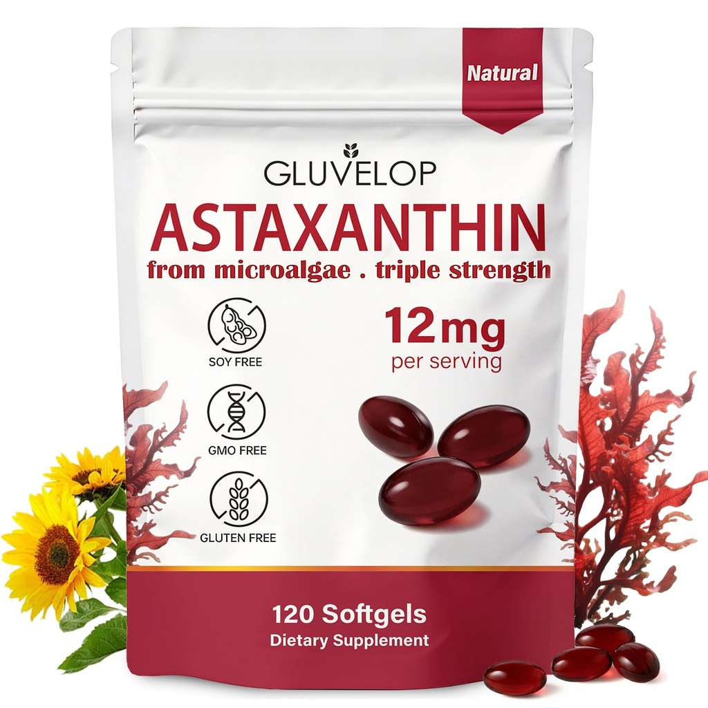 Astaxanthine 12mg, Premium Astaxanthine Antioxidant Supplementen, Ondersteunt Oog, Huid, Immuun, Interne Oplage, Verse Microalgen Bron, Triple Strength, Non-GMO, 4 Maand Levering, 120 Softgels