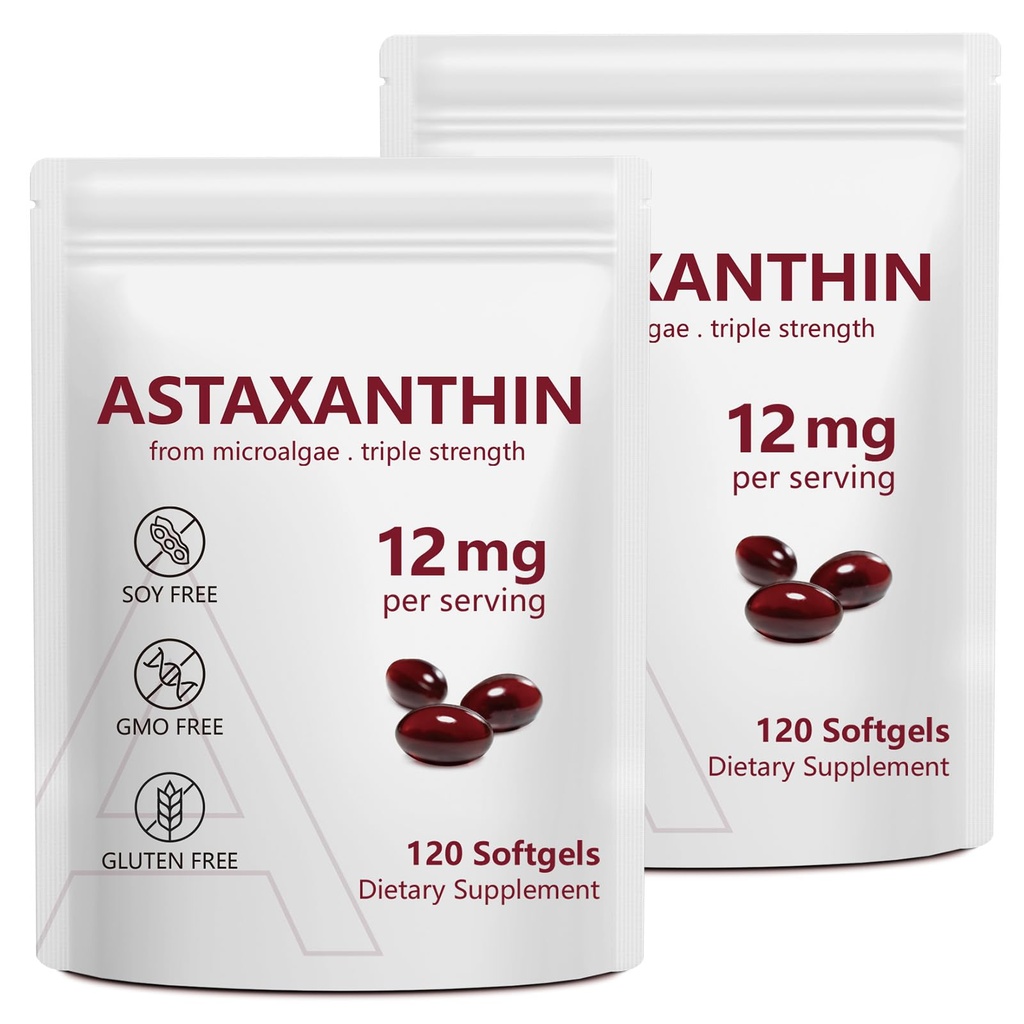 2 Pack Astaxanthine 12mg, Premium Astaxanthine Antioxidant Supplementen met Antioxidant Activiteit, Ondersteunt Oog, Immuun, Huid Gezondheid, Interne Circulatie