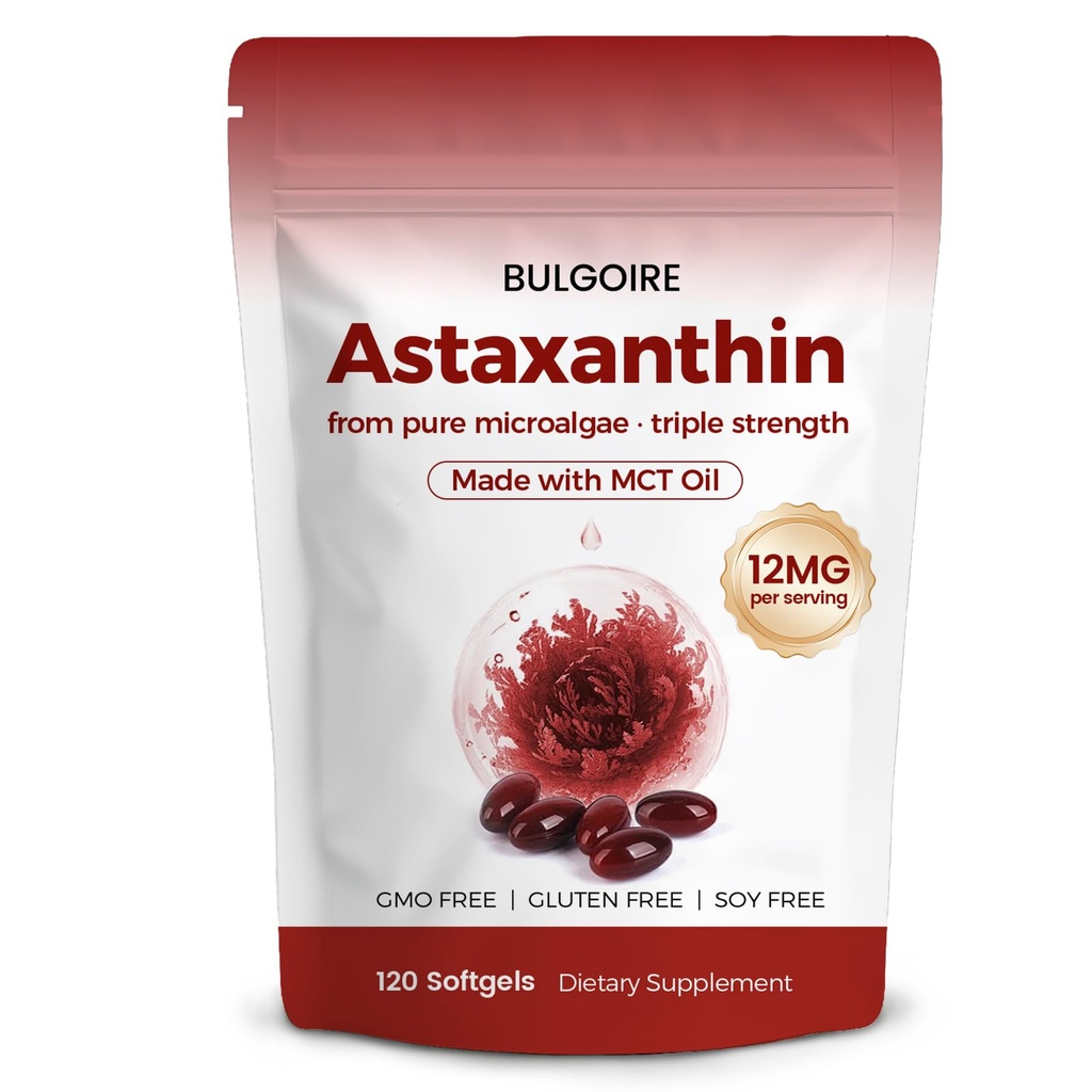 Astaxanthine 12 mg met MCT-olie 120 Softgels, Premium Astaxanthine Biologische Supplementen, voor nieren, ogen en huid, Natuurlijke Microalgen Bron, Triple Strength, Non-GMO & Glutenvrij (Pack of 1)