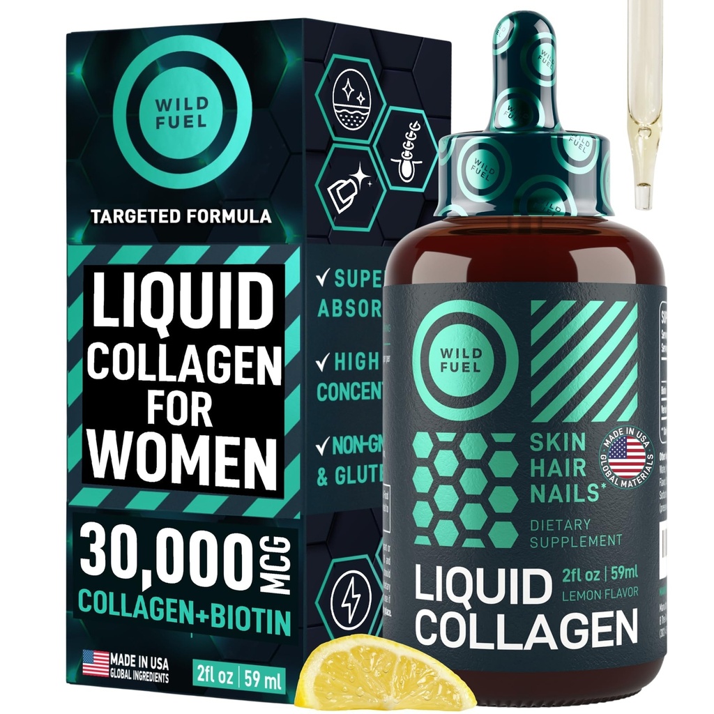 WILD FUEL Peptides de collagène liquide avec des vitamines de biotine pour la peau et les ongles - 30 000 mcg Collagène liquide pour les femmes et les hommes Plus Biotine - Lemon Flavor, jusqu'à 2 mois - 2 oz