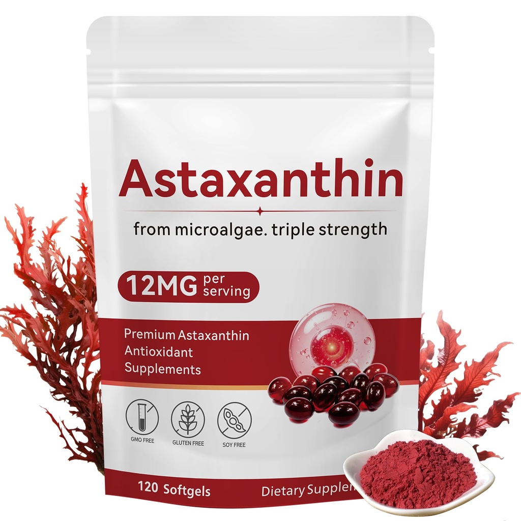 Astaxanthine 12mg, 120 Softgels, suppléments antioxydants d'Astaxanthine Premium avec activité antioxydante, soutient les yeux, la santé de la peau, l'immuno, la circulation interne