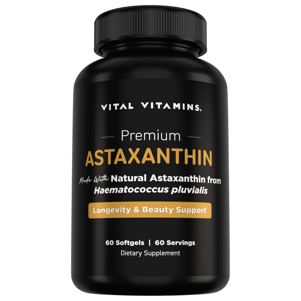 Vitale vitamines Astaxanthine 12mg Softgels - Gemaakt met natuurlijke astaxanthine - Supplement ter bevordering van huidhydratatie, elasticiteit - Verdedigt cellen tegen dagelijkse schade - Veganist, Made in the USA - 60 Zachte Gels