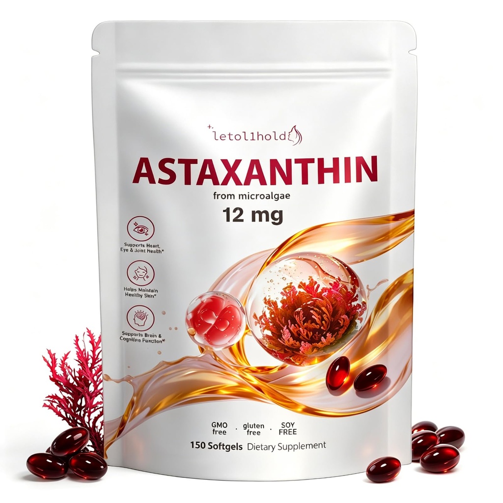 Astaxanthine 12mg, 150 Softgels - 5 maand levering, Astaxanthine Supplementen afkomstig van verse microalgen, non-GMO, glutenvrij, gemakkelijk doorslikken