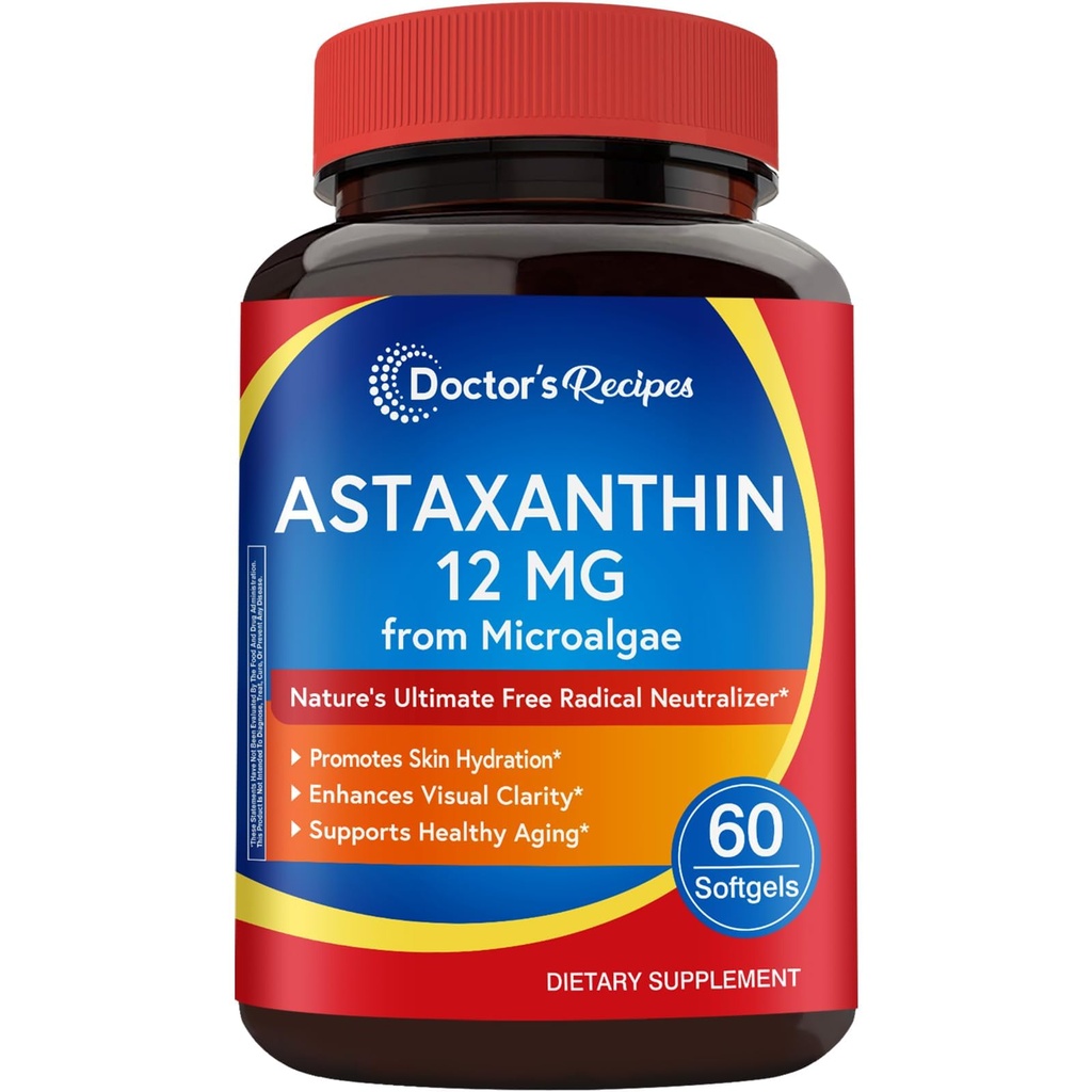 Recettes du médecin Astaxanthine 12 mg, des microalgues fraîches Premium, Max Strength, Pas de gluten, non-OGM, soutient la peau, les yeux, les os et le système immunitaire santé, 60 Softgels