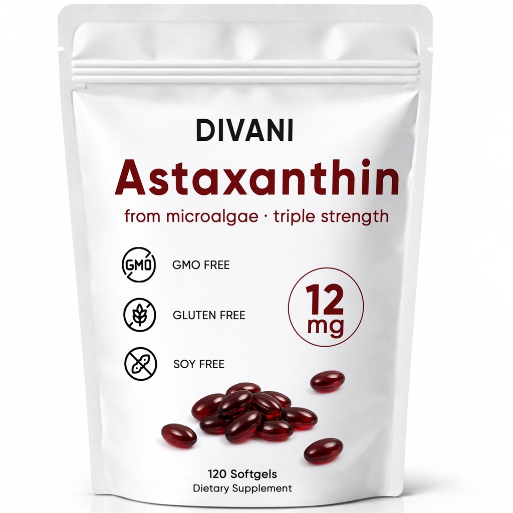DIVANI Astaxanthine 12mg, Supplément antioxydant pour le mieux-être quotidien, Immune, Eye & Skin Support, non-OGM, sans gluten - 120 Softgels