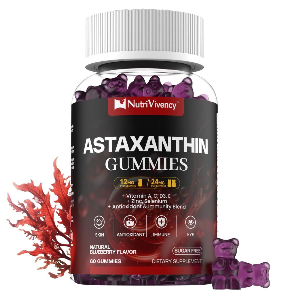 Astaxanthin Gummies, 12mg Par Gummy 24mg Max, Suppléments d'astaxanthin avec vitamine A/C/D/E, Resveratrol, 14-IN-1 Mélange d'antioxydants pour les femmes hommes, peau, yeux, soutien immunitaire, sans sucre, végétalien, 60 Ct