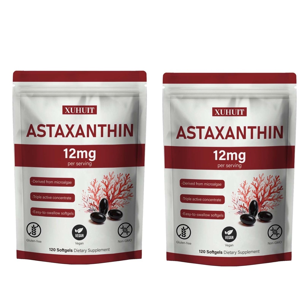 Astaxanthin 12mg Softgels | Natural Algae-Derived Botanical Extract (Haematococcus pluvialis) | Easy Swallow, Non-GMO, 120 Count per Bag (2)