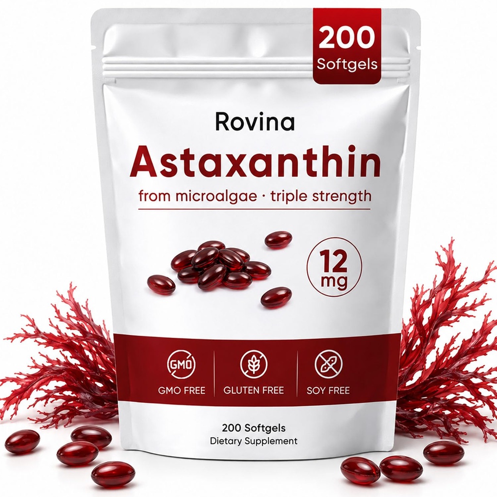 ROVINA Astaxanthine 12mg Softgels, Antioxidant Supplement ondersteunt Oog, Huid, Immuun, Gezamenlijke, Interne Circulatie, Non-GMO & Glutenvrij - 200 Softgels