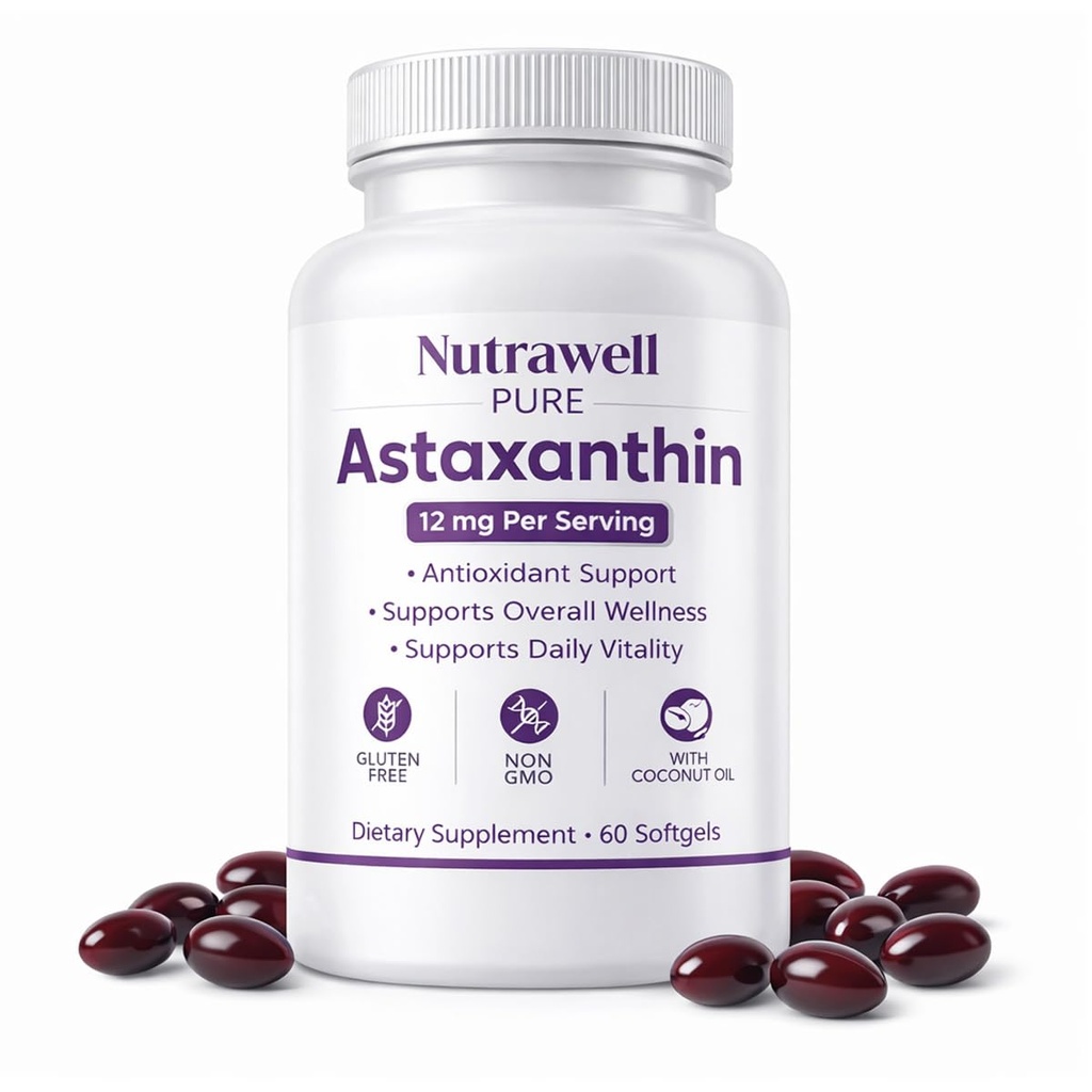 IRMI Nutrawell Astaxanthin 12 mg Softgels, Premium Natural Astaxanthin | Gluten-Free, Non-GMO | Daily Eye & Skin Support, 60 Soft gels