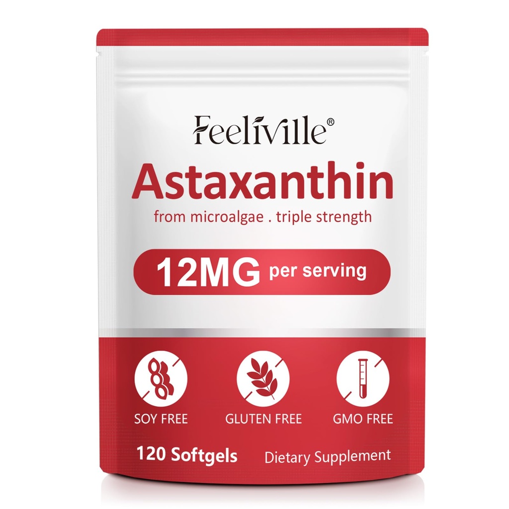 Premium Astaxanthin Supplements 12mg 120 Softgels, Astaxanthin Antioxidant Supplement for Eye, Skin, Joint, Brain, Fresh Microalgae Source for Heart & Immune System Health