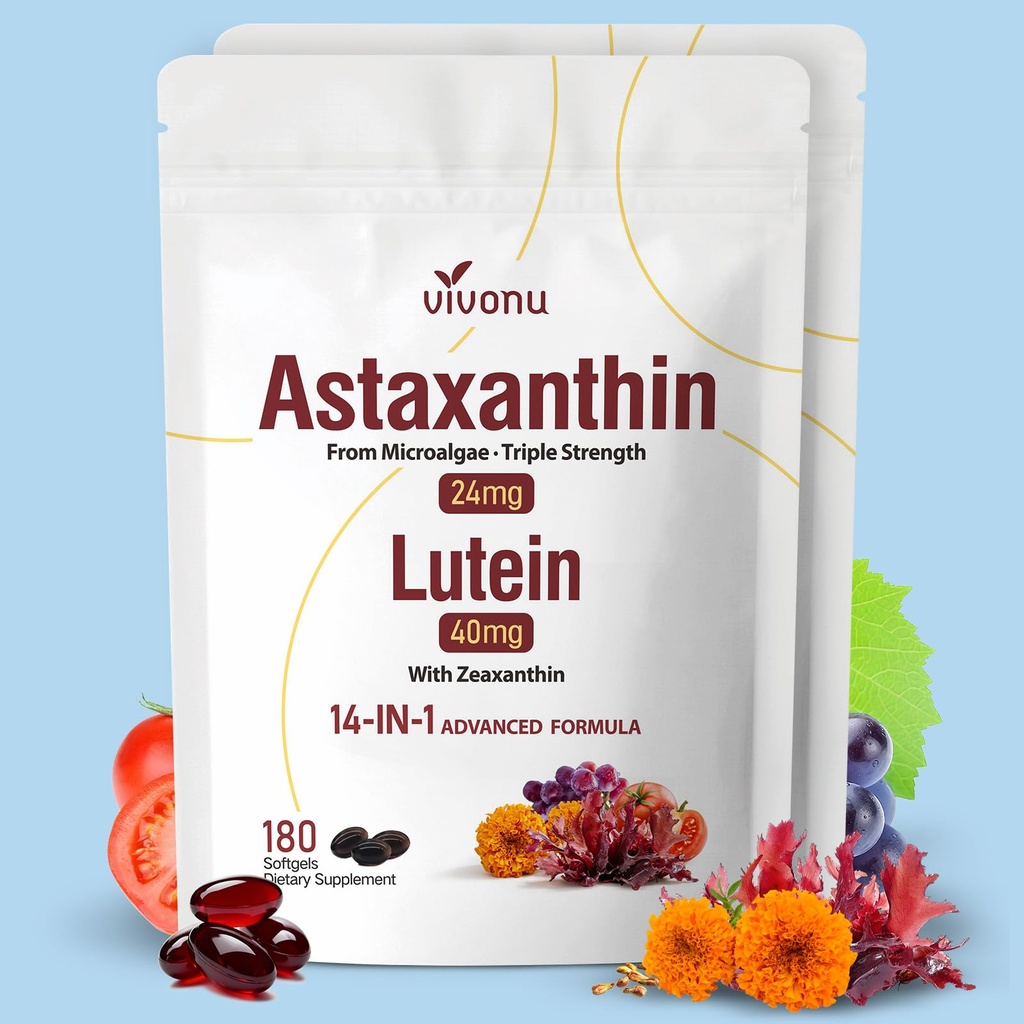 VivoNu 14-en-1 Astaxanthin 24mg & Lutein 40mg avec supplément Zeaxanthin, 12 mois d'approvisionnement, 360 Softgels, 2 sacs