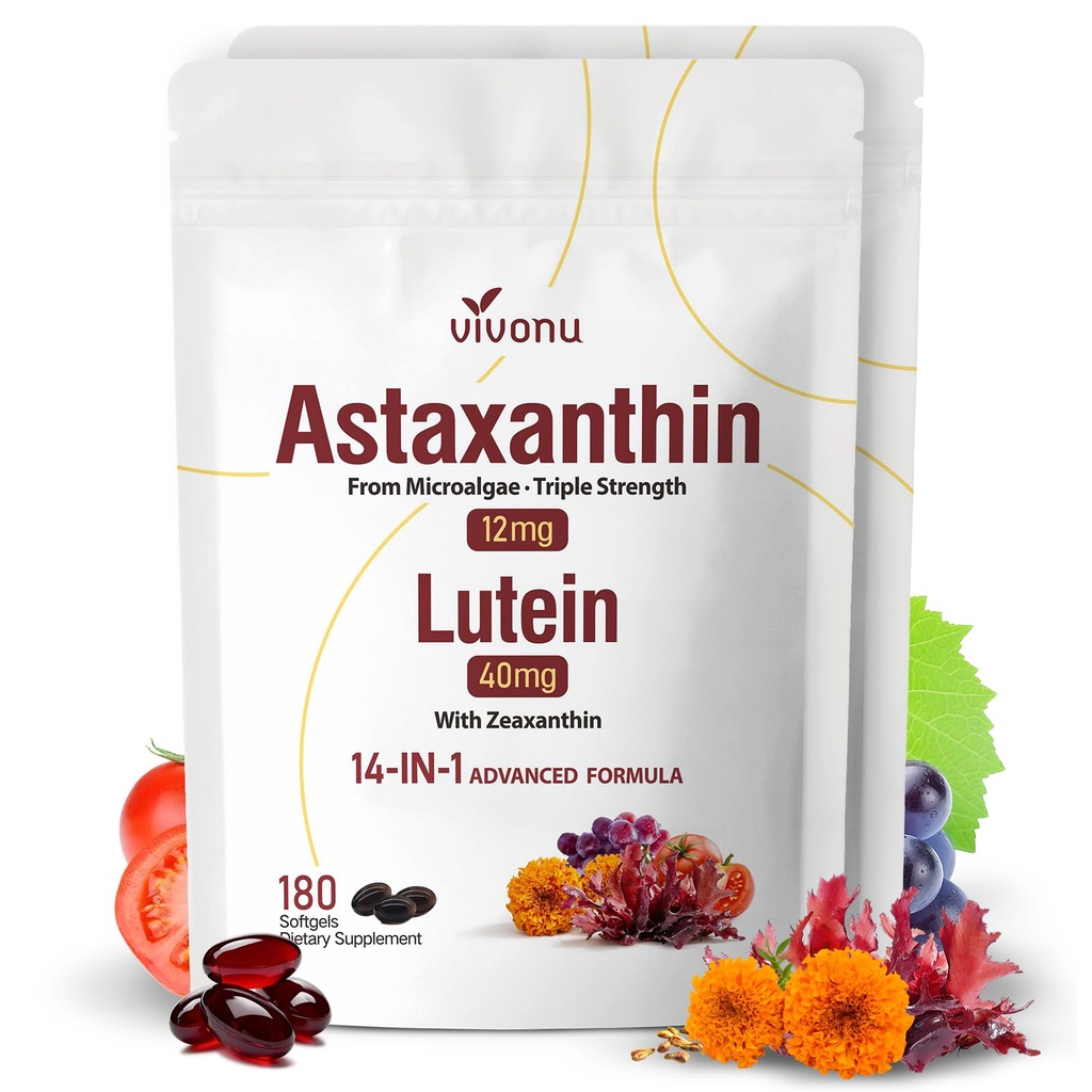 14-en-1 Astaxanthine 12mg et Lutein 40mg avec supplément de zéaxanthine, 12 mois d'approvisionnement, source de microalgues fraîches, soutient les yeux, la peau, antioxydant, articulaire, santé circulatoire, non-OGM, sans gluten, 2 sacs